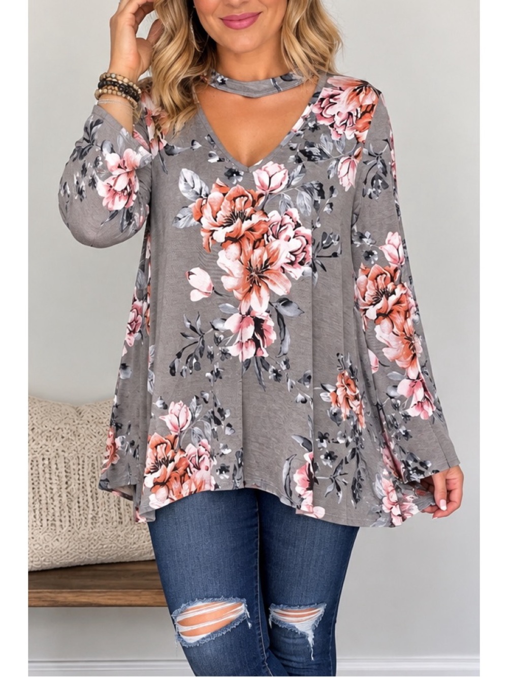 Papermoon grey floral print tunic blouse